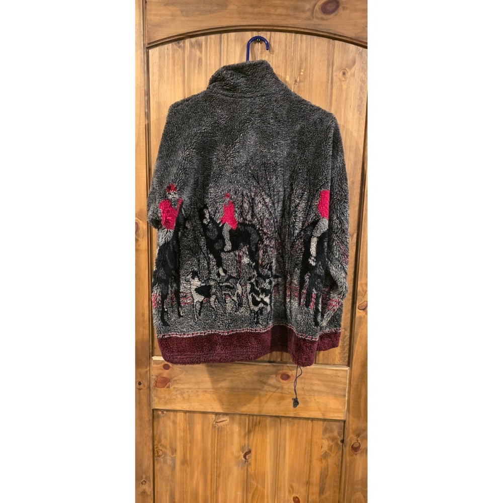 Mazmania Vtg Fleece Sweater Jacket Womens‎ S Black Horseback Hunters Dogs Woods - Picture 2 of 9